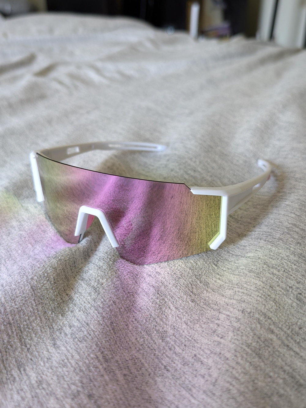 White Frame Shield Sunglasses with Pink-Gold Mirrored Lens